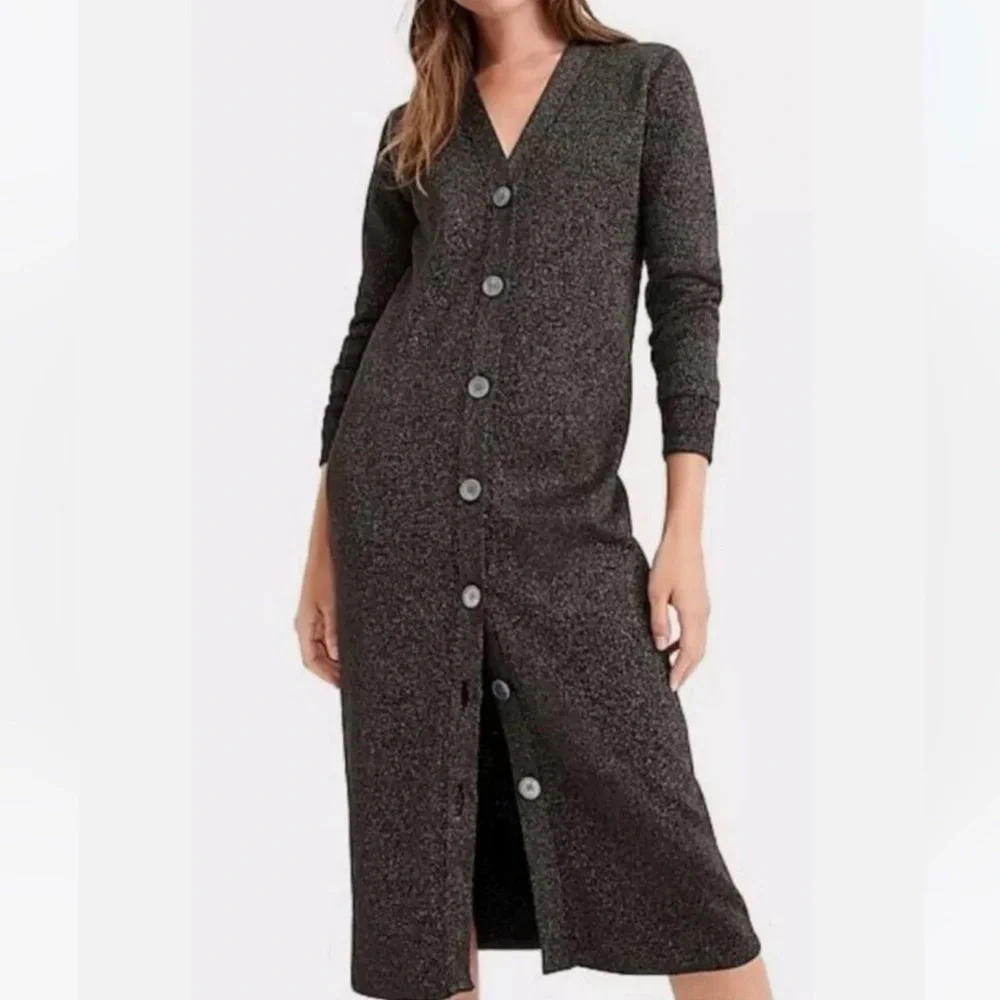 J. Crew 365 V Neck Metallic Silver Sparkle Button Front Sweater Dress NWOT